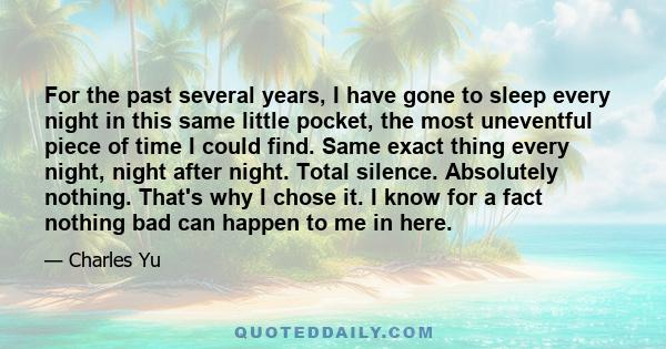 For the past several years, I have gone to sleep every night in this same little pocket, the most uneventful piece of time I could find. Same exact thing every night, night after night. Total silence. Absolutely