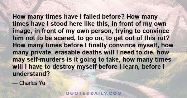 How many times have I failed before? How many times have I stood here like this, in front of my own image, in front of my own person, trying to convince him not to be scared, to go on, to get out of this rut? How many