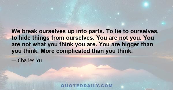 We break ourselves up into parts. To lie to ourselves, to hide things from ourselves. You are not you. You are not what you think you are. You are bigger than you think. More complicated than you think.