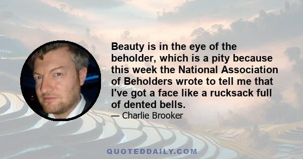 Beauty is in the eye of the beholder, which is a pity because this week the National Association of Beholders wrote to tell me that I've got a face like a rucksack full of dented bells.