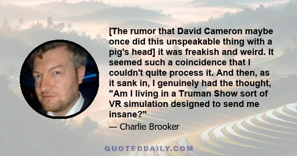 [The rumor that David Cameron maybe once did this unspeakable thing with a pig's head] it was freakish and weird. It seemed such a coincidence that I couldn't quite process it. And then, as it sank in, I genuinely had