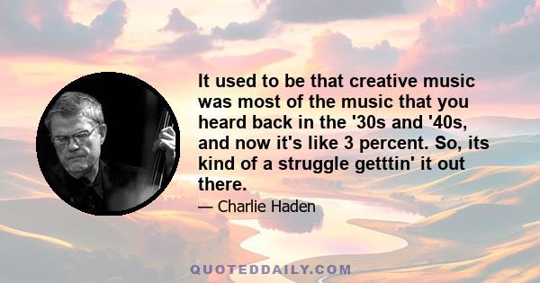 It used to be that creative music was most of the music that you heard back in the '30s and '40s, and now it's like 3 percent. So, its kind of a struggle getttin' it out there.