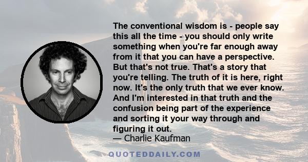 The conventional wisdom is - people say this all the time - you should only write something when you're far enough away from it that you can have a perspective. But that's not true. That's a story that you're telling.