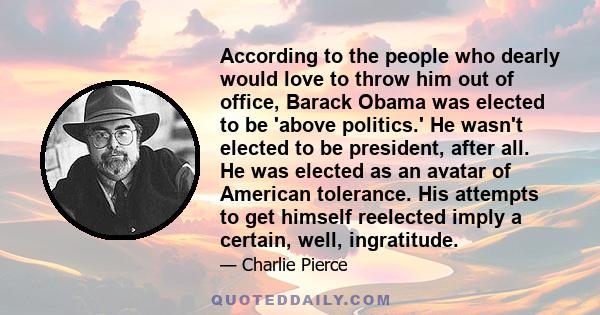 According to the people who dearly would love to throw him out of office, Barack Obama was elected to be 'above politics.' He wasn't elected to be president, after all. He was elected as an avatar of American tolerance. 