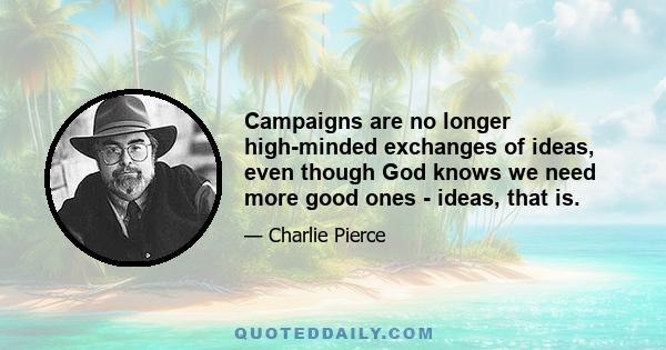 Campaigns are no longer high-minded exchanges of ideas, even though God knows we need more good ones - ideas, that is.