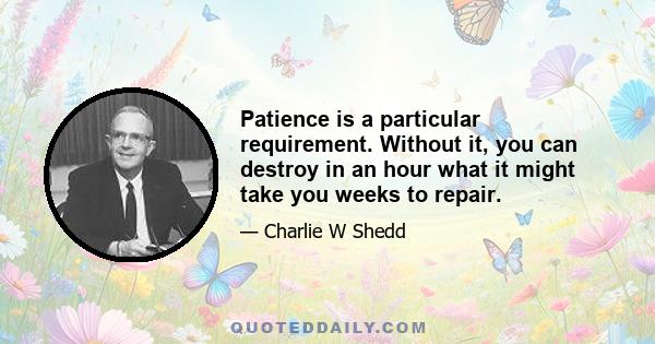 Patience is a particular requirement. Without it, you can destroy in an hour what it might take you weeks to repair.