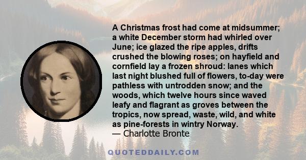 A Christmas frost had come at midsummer; a white December storm had whirled over June; ice glazed the ripe apples, drifts crushed the blowing roses; on hayfield and cornfield lay a frozen shroud: lanes which last night