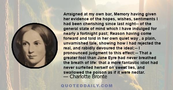 Arraigned at my own bar, Memory having given her evidence of the hopes, wishes, sentiments I had been cherishing since last night-- of the general state of mind which I have indulged for nearly a fortnight past; Reason