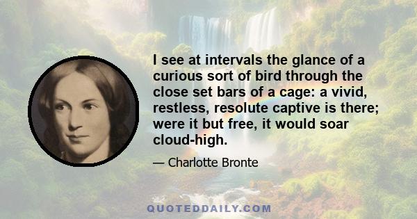 I see at intervals the glance of a curious sort of bird through the close set bars of a cage: a vivid, restless, resolute captive is there; were it but free, it would soar cloud-high.