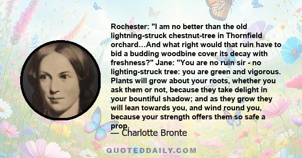 Rochester: I am no better than the old lightning-struck chestnut-tree in Thornfield orchard…And what right would that ruin have to bid a budding woodbine cover its decay with freshness? Jane: You are no ruin sir - no