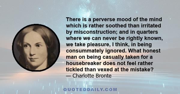 There is a perverse mood of the mind which is rather soothed than irritated by misconstruction; and in quarters where we can never be rightly known, we take pleasure, I think, in being consummately ignored. What honest