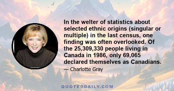 In the welter of statistics about selected ethnic origins (singular or multiple) in the last census, one finding was often overlooked. Of the 25,309,330 people living in Canada in 1986, only 69,065 declared themselves