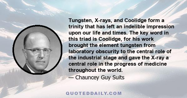 Tungsten, X-rays, and Coolidge form a trinity that has left an indelible impression upon our life and times. The key word in this triad is Coolidge, for his work brought the element tungsten from laboratory obscurity to 