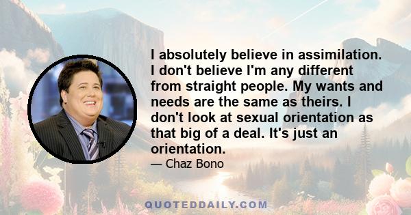 I absolutely believe in assimilation. I don't believe I'm any different from straight people. My wants and needs are the same as theirs. I don't look at sexual orientation as that big of a deal. It's just an orientation.