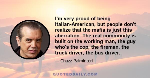 I'm very proud of being Italian-American, but people don't realize that the mafia is just this aberration. The real community is built on the working man, the guy who's the cop, the fireman, the truck driver, the bus