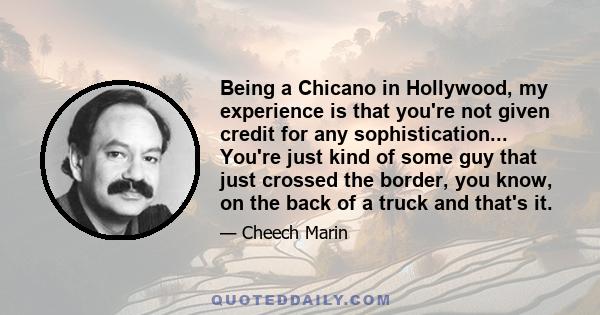 Being a Chicano in Hollywood, my experience is that you're not given credit for any sophistication... You're just kind of some guy that just crossed the border, you know, on the back of a truck and that's it.