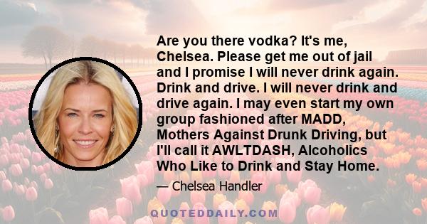 Are you there vodka? It's me, Chelsea. Please get me out of jail and I promise I will never drink again. Drink and drive. I will never drink and drive again. I may even start my own group fashioned after MADD, Mothers