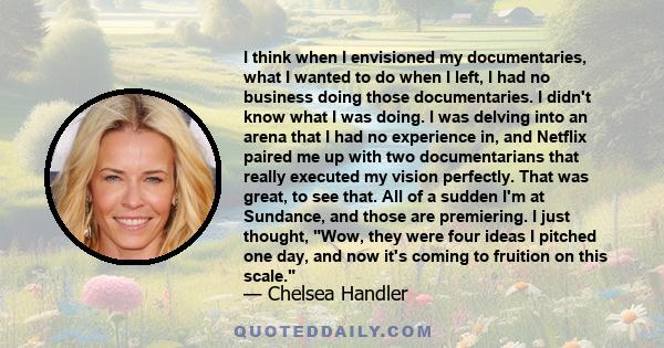 I think when I envisioned my documentaries, what I wanted to do when I left, I had no business doing those documentaries. I didn't know what I was doing. I was delving into an arena that I had no experience in, and