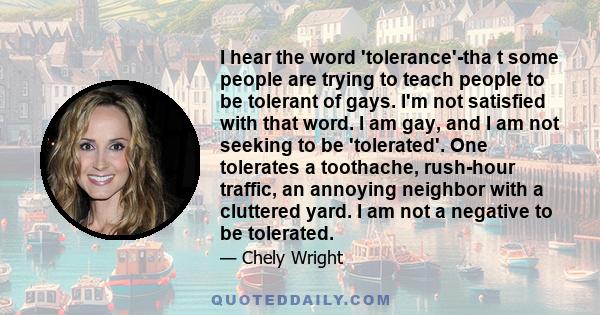 I hear the word 'tolerance'-tha t some people are trying to teach people to be tolerant of gays. I'm not satisfied with that word. I am gay, and I am not seeking to be 'tolerated'. One tolerates a toothache, rush-hour