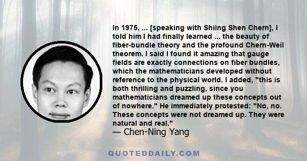 In 1975, ... [speaking with Shiing Shen Chern], I told him I had finally learned ... the beauty of fiber-bundle theory and the profound Chern-Weil theorem. I said I found it amazing that gauge fields are exactly