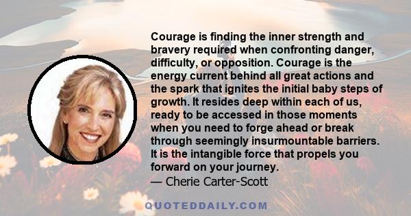 Courage is finding the inner strength and bravery required when confronting danger, difficulty, or opposition. Courage is the energy current behind all great actions and the spark that ignites the initial baby steps of