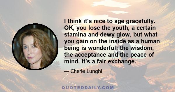 I think it's nice to age gracefully. OK, you lose the youth, a certain stamina and dewy glow, but what you gain on the inside as a human being is wonderful: the wisdom, the acceptance and the peace of mind. It's a fair