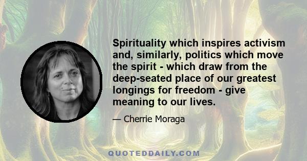 Spirituality which inspires activism and, similarly, politics which move the spirit - which draw from the deep-seated place of our greatest longings for freedom - give meaning to our lives.