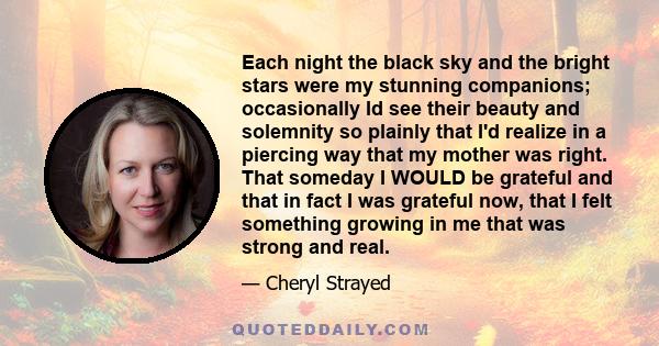 Each night the black sky and the bright stars were my stunning companions; occasionally Id see their beauty and solemnity so plainly that I'd realize in a piercing way that my mother was right. That someday I WOULD be