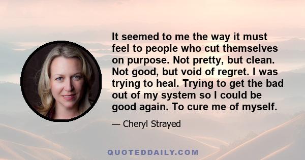 It seemed to me the way it must feel to people who cut themselves on purpose. Not pretty, but clean. Not good, but void of regret. I was trying to heal. Trying to get the bad out of my system so I could be good again.