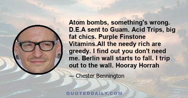 Atom bombs, something's wrong. D.E.A sent to Guam. Acid Trips, big fat chics. Purple Finstone Vitamins.All the needy rich are greedy. I find out you don't need me. Berlin wall starts to fall. I trip out to the wall.