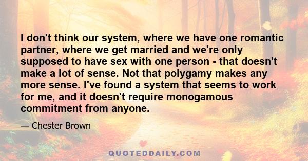 I don't think our system, where we have one romantic partner, where we get married and we're only supposed to have sex with one person - that doesn't make a lot of sense. Not that polygamy makes any more sense. I've