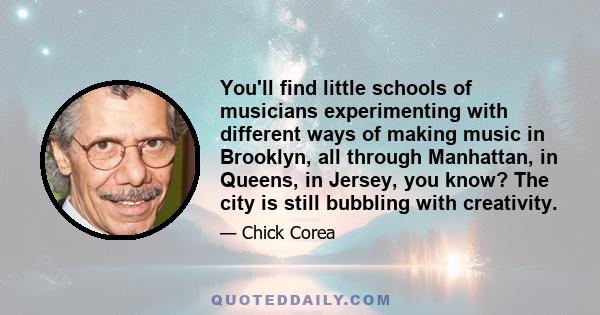 You'll find little schools of musicians experimenting with different ways of making music in Brooklyn, all through Manhattan, in Queens, in Jersey, you know? The city is still bubbling with creativity.