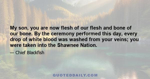 My son, you are now flesh of our flesh and bone of our bone. By the ceremony performed this day, every drop of white blood was washed from your veins; you were taken into the Shawnee Nation.