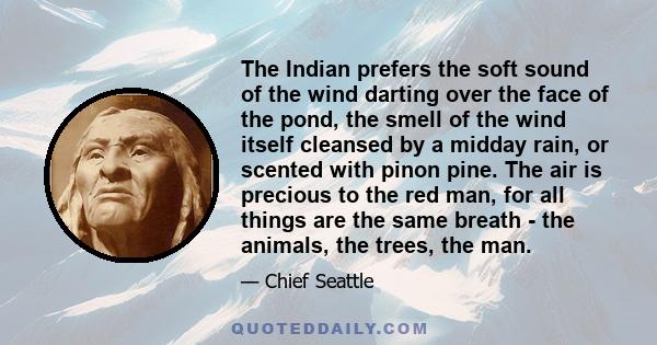 The Indian prefers the soft sound of the wind darting over the face of the pond, the smell of the wind itself cleansed by a midday rain, or scented with pinon pine. The air is precious to the red man, for all things are 