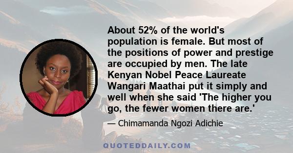 About 52% of the world's population is female. But most of the positions of power and prestige are occupied by men. The late Kenyan Nobel Peace Laureate Wangari Maathai put it simply and well when she said 'The higher