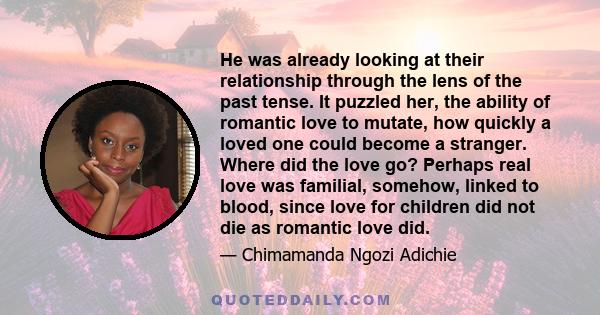 He was already looking at their relationship through the lens of the past tense. It puzzled her, the ability of romantic love to mutate, how quickly a loved one could become a stranger. Where did the love go? Perhaps