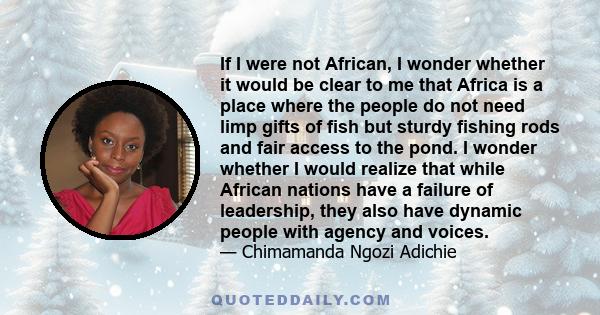 If I were not African, I wonder whether it would be clear to me that Africa is a place where the people do not need limp gifts of fish but sturdy fishing rods and fair access to the pond. I wonder whether I would