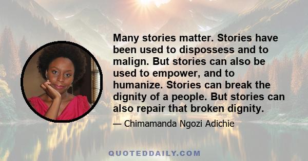 Many stories matter. Stories have been used to dispossess and to malign. But stories can also be used to empower, and to humanize. Stories can break the dignity of a people. But stories can also repair that broken