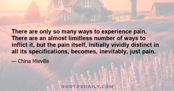 There are only so many ways to experience pain. There are an almost limitless number of ways to inflict it, but the pain itself, initially vividly distinct in all its specifications, becomes, inevitably, just pain.