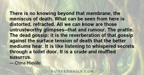 There is no knowing beyond that membrane, the meniscus of death. What can be seen from here is distorted, refracted. All we can know are those untrustworthy glimpses--that and rumour. The prattle. The dead gossip: it is 