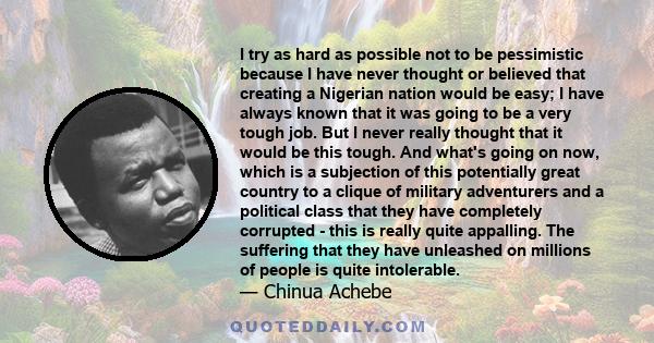 I try as hard as possible not to be pessimistic because I have never thought or believed that creating a Nigerian nation would be easy; I have always known that it was going to be a very tough job. But I never really