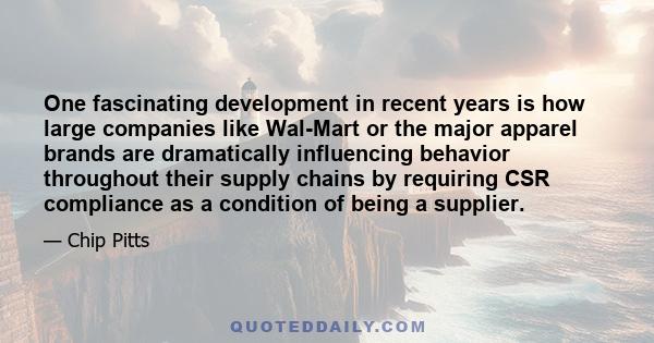 One fascinating development in recent years is how large companies like Wal-Mart or the major apparel brands are dramatically influencing behavior throughout their supply chains by requiring CSR compliance as a