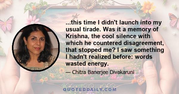 ...this time I didn't launch into my usual tirade. Was it a memory of Krishna, the cool silence with which he countered disagreement, that stopped me? I saw something I hadn't realized before: words wasted energy.