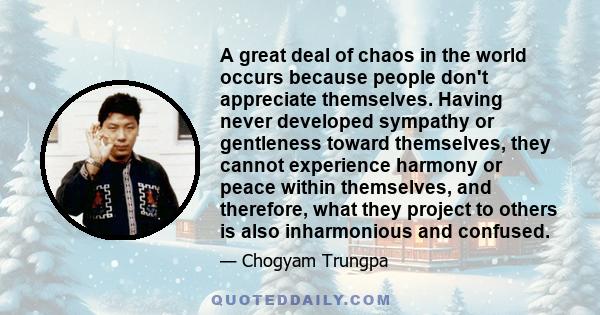 A great deal of chaos in the world occurs because people don't appreciate themselves. Having never developed sympathy or gentleness toward themselves, they cannot experience harmony or peace within themselves, and