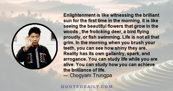 Enlightenment is like witnessing the brilliant sun for the first time in the morning. It is like seeing the beautiful flowers that grow in the woods , the frolicking deer, a bird flying proudly, or fish swimming. Life