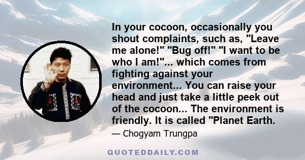 In your cocoon, occasionally you shout complaints, such as, Leave me alone! Bug off! I want to be who I am!... which comes from fighting against your environment... You can raise your head and just take a little peek