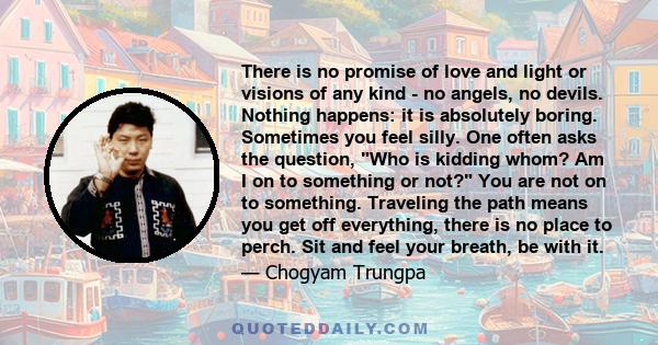 There is no promise of love and light or visions of any kind - no angels, no devils. Nothing happens: it is absolutely boring. Sometimes you feel silly. One often asks the question, Who is kidding whom? Am I on to