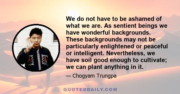 We do not have to be ashamed of what we are. As sentient beings we have wonderful backgrounds. These backgrounds may not be particularly enlightened or peaceful or intelligent. Nevertheless, we have soil good enough to