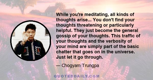 While you're meditating, all kinds of thoughts arise... You don't find your thoughts threatening or particularly helpful. They just become the general gossip of your thoughts. This traffic of your thoughts and the