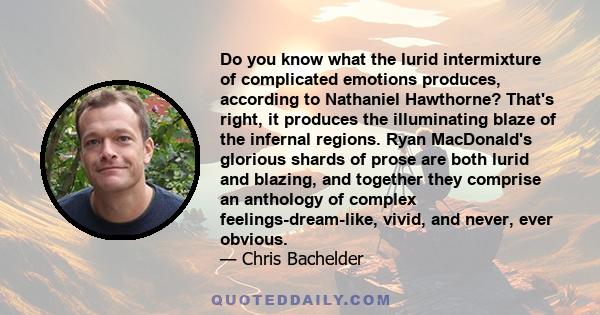 Do you know what the lurid intermixture of complicated emotions produces, according to Nathaniel Hawthorne? That's right, it produces the illuminating blaze of the infernal regions. Ryan MacDonald's glorious shards of